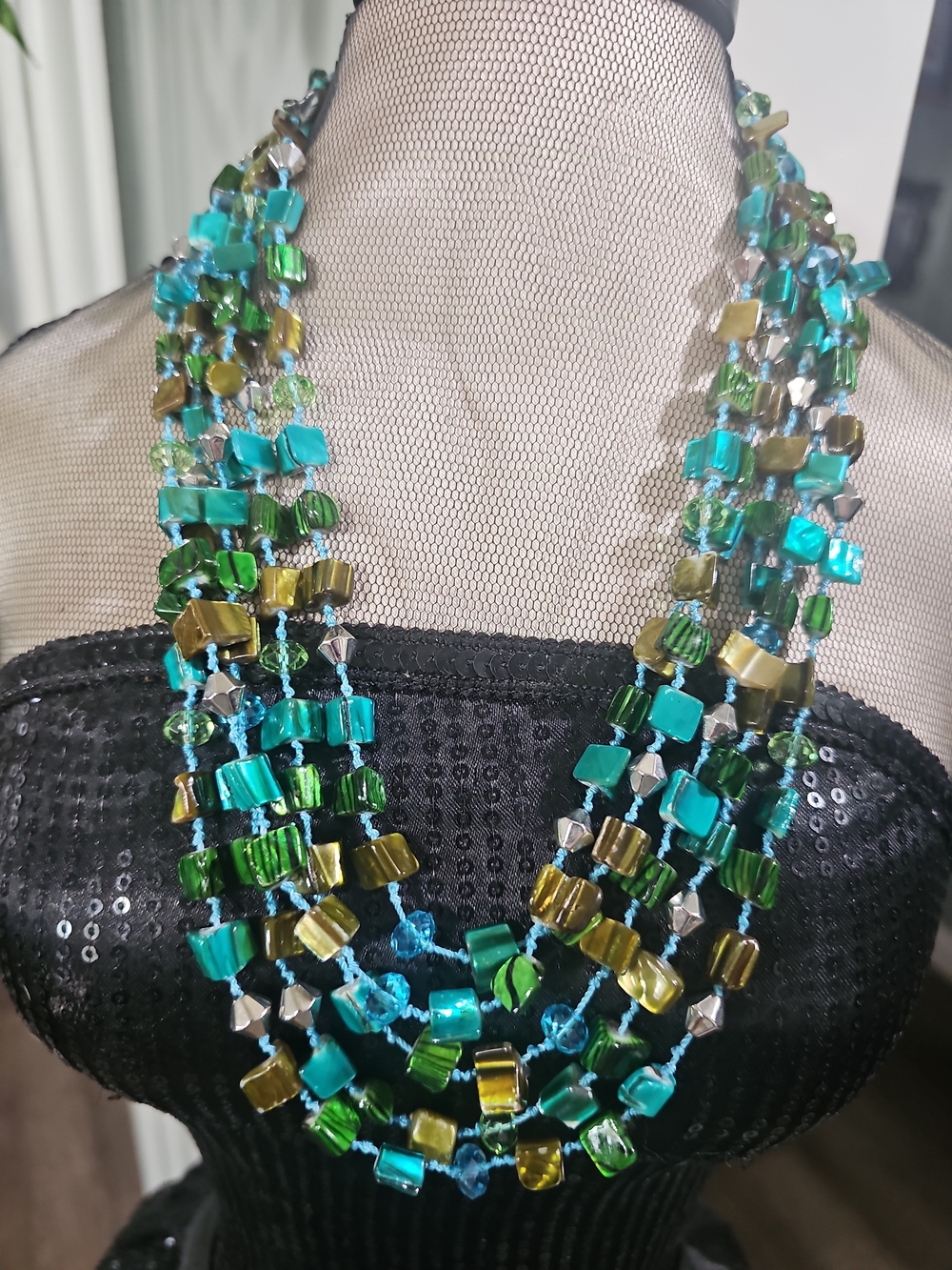 Multi-Strand Turquoise & Green Beaded With Shells Necklace - Women's Jewelry